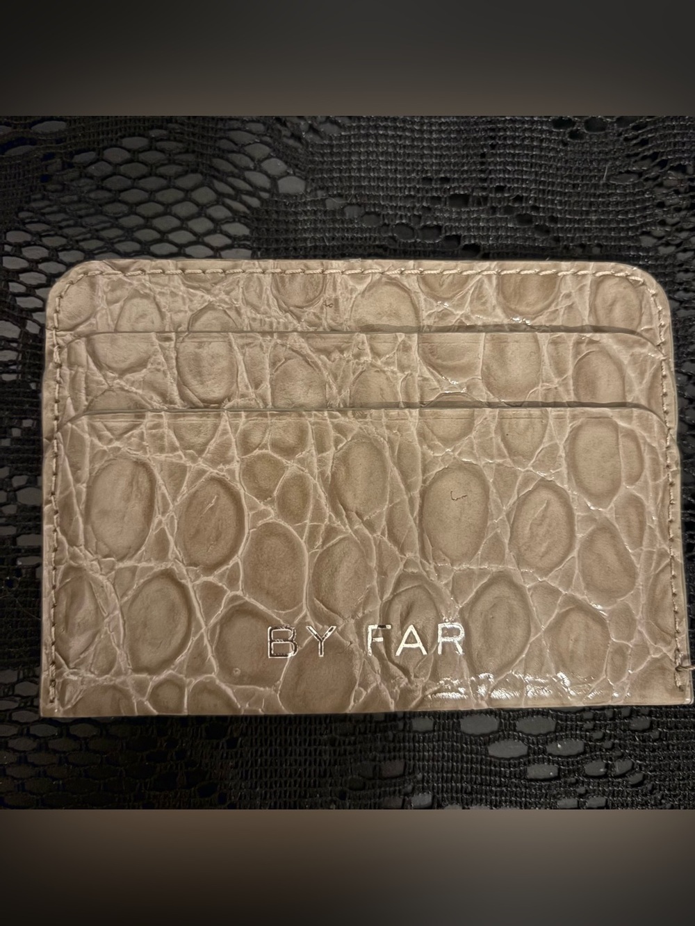 BY FAR Croc-Embossed Card Holder in Beige Taupe
